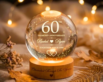 Personalized 60th Anniversary Crystal Ball Lamp, Custom Couple LED Night Light, Diamond Wedding Gift, Romantic Keepsake Decor