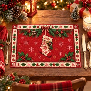 Può includere: Una tovaglietta rettangolare rossa trapuntata con al centro una calza natalizia su cui è stampato il nome Emily. Il design presenta fiocchi di neve bianchi, foglie di agrifoglio verdi, bacche rosse e un bordo decorativo con fiocchi.
