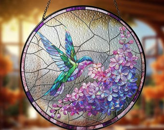 Purple Lilac And Hummingbird Suncatcher, Suncatcher Window Decor, Mother's Day Gift, Gift For Hummingbird Lovers Gift