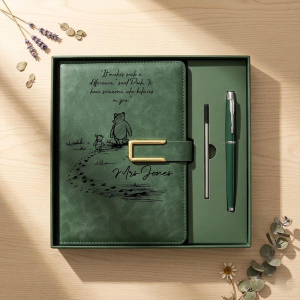 Leraar cadeau waardering cadeau, gepersonaliseerd dagboek voor haar, aangepast leren notitieboekje, Winnie de Poeh, aanwezige collega