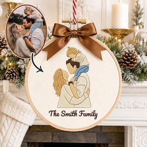 May include: A circular wooden embroidery hoop featuring a custom thread-stitched illustration of a family of three, with a child sitting on a parent's shoulders. A brown satin ribbon bow is tied at the top, and the text The Smith Family is embroidered.