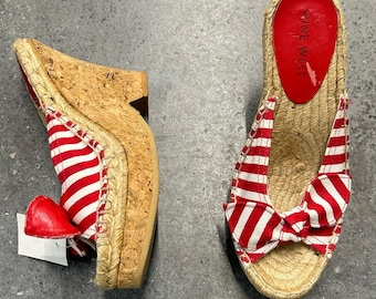 Nine West Red Stripe Cork Wedge Sandals Bow Detail Peep Toe Size 7
