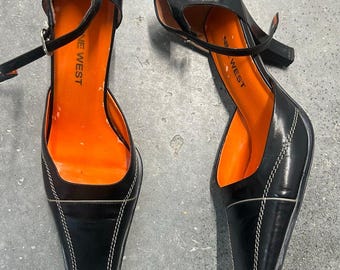 Nine West Black Leather Heels Sandals Ankle Strap Square Toe Size 5.5 M