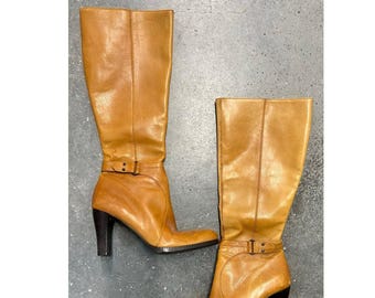 Brown Leather Knee High Boots Side Zip Buckle Detail Heeled Boots Size