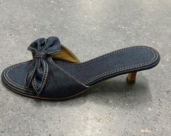 Denim Bow Kitten Heel Slides Sandals Size 9M Slip On Y2K Casual Chic