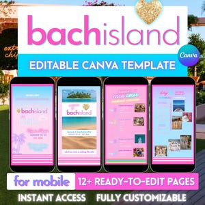 Puede incluir: Una plantilla de Canva editable para móvil con el texto bachisland y un icono de corazón dorado. El diseño incluye doce páginas con degradados rosas y azules, gráficos tropicales y espacios para detalles de eventos y fotos.