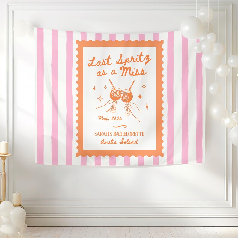 Spritz Bachelorette Theme Banner, Personalized Last Spritz as a Miss Tapestry Decoration, Custom Bride Photo Backdrop image 2