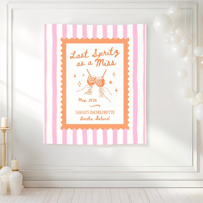 Spritz Bachelorette Theme Banner, Personalized Last Spritz as a Miss Tapestry Decoration, Custom Bride Photo Backdrop image 6