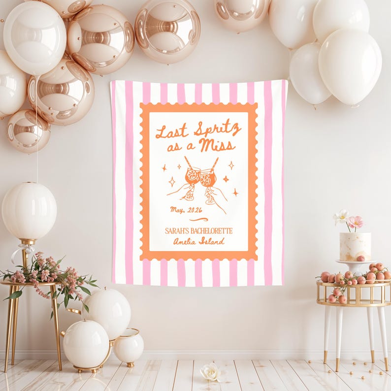 Spritz Bachelorette Theme Banner, Personalized Last Spritz as a Miss Tapestry Decoration, Custom Bride Photo Backdrop image 4