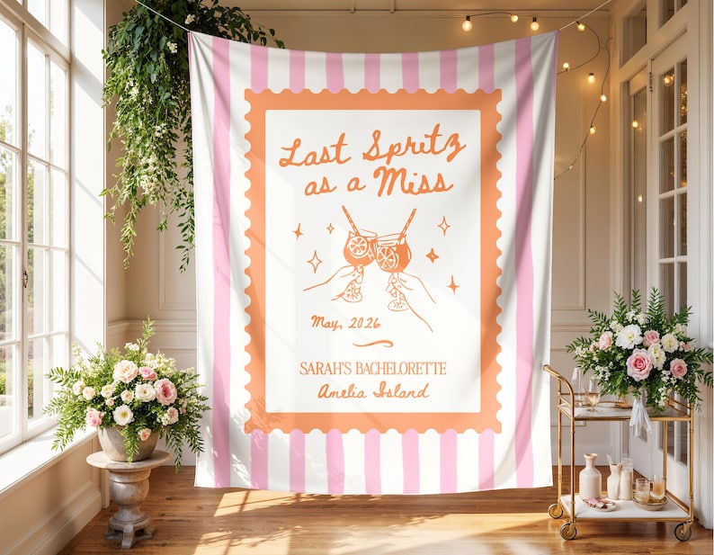 Spritz Bachelorette Theme Banner, Personalized Last Spritz as a Miss Tapestry Decoration, Custom Bride Photo Backdrop image 1