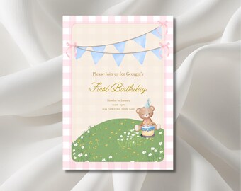 Teddy Bear Picnic Birthday Invitation | Girl’s Birthday Invite | Pink Gingham Birthday Party | Cute Bear Theme | Editable Digital Download