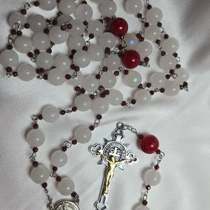 White Quartz and Garnet Rosary – Handmade Catholic Prayer Beads | The David