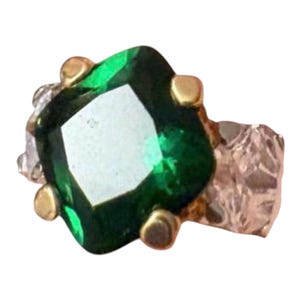 Vintage Emerald Green Cushion Cut Cocktail Ring, Art Deco Statement Ring Size 5