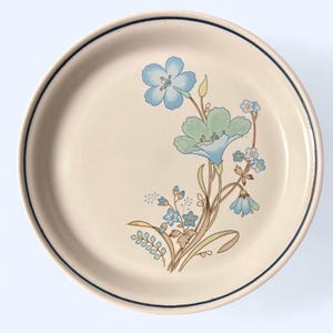 Può includere: Un piatto rotondo in ceramica color bianco sporco con un'illustrazione floreale nei toni del blu, verde e marrone. Il design include un grande fiore blu, un fiore dalle sfumature verdi e boccioli blu più piccoli. Una sottile linea blu scuro borda il bordo.