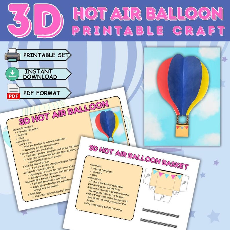 3D Hot Air Balloon Craft Printable Cut and Paste Activity for Kids DIY ...