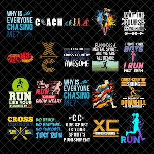 Puede incluir: Una colección de diseños gráficos con citas e ilustraciones sobre correr. Los diseños presentan frases como "¿Por qué me persigue todo el mundo?" y "Yo corro delante de ellos". La paleta de colores incluye azul, amarillo y naranja sobre un fondo negro.