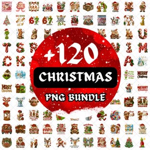 Puede incluir: Un conjunto de más de 120 imágenes PNG con temática navideña. El diseño central muestra "+120 CHRISTMAS PNG BUNDLE" sobre un fondo rojo nevado. Las imágenes incluyen a Papá Noel, renos y elfos.