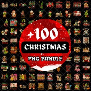 Puede incluir: Una colección de más de 100 gráficos PNG con temática navideña sobre un fondo negro. Los diseños incluyen a Papá Noel, el Grinch, muñecos de nieve y varias frases festivas. Un gran círculo rojo en el centro muestra el texto "+100 CHRISTMAS PNG BUNDLE".