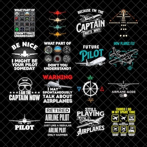 Puede incluir: Una colección de gráficos con temática de aviación sobre un fondo negro. Los diseños incluyen ilustraciones de aviones, texto relacionado con pilotos y frases como "Future Pilot" y "Airplane Mode". La paleta de colores es principalmente blanca, con acentos de rojo, azul y amarillo.