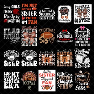 Puede incluir: Una colección de diseños gráficos en blanco y negro con texto temático de fútbol. Los diseños incluyen frases como "Football Sister", "Biggest Fan" y "Supportive But Bored", junto con ilustraciones de fútbol y lazos.