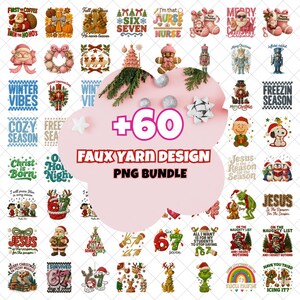 Puede incluir: Una colección de más de 60 diseños PNG con un efecto de hilo falso, con gráficos temáticos de Navidad y festivos. Incluye texto como "Merry Christmas", "Jesus is the Reason for the Season" y "Winter Vibes".