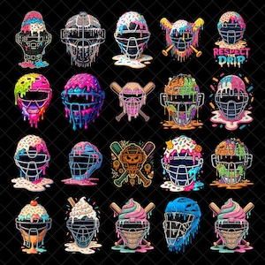 Puede incluir: Una colección de máscaras de receptor de béisbol coloridas, cada una diseñada para parecerse a conos de helado. Las máscaras presentan varios sabores y coberturas, con efectos de goteo y chispas. Algunos diseños incluyen bates de béisbol y el texto "Respect the Drip".