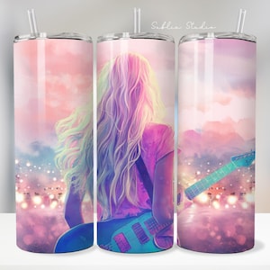 Electric Sunset Guitar Girl Tumbler Wrap – Taylor-Inspired Stage Art – | Swiftie Music Cup | Concert Aesthetic 20oz Skinny Tumbler
