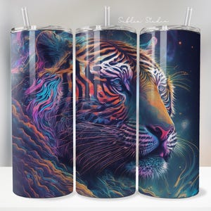 Cosmic Tiger Tumbler Wrap: Psychedelic Galaxy PNG (Digital Download