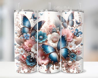Blue Butterfly Floral Tumbler Wrap: Peonies & Pearls (20oz PNG Digital Download)
