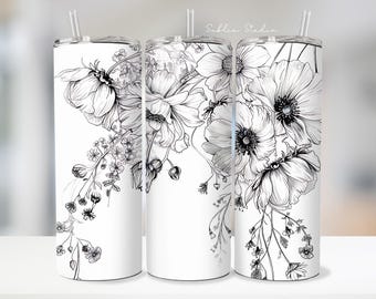 Floral Line Art Tumbler | Elegant Wildflower PNG (Digital Download)