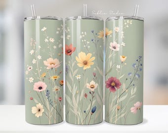 Wildflower Meadow Tumbler Wrap: Sage Green Floral Sublimation (Digital Download)