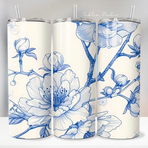 Blue Chinoiserie Floral Tumbler Wrap – Elegant Vintage Blossom PNG for Sublimation | 20oz Skinny Tumbler Sublimation | Spring Flowers Gift