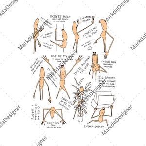 Puede incluir: Una ilustración humorística con varios personajes de dibujos animados, cada uno con bocadillos. Las figuras son de color beige y marrón, con extremidades delgadas y caras expresivas. El texto incluye frases como "Robert Help" y "Sneaky Sneaky".