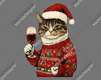 Cat and Wine Christmas Digital Download, Funny Wine Cat PNG, Cozy Holiday Sublimation For Cat Lovers, Cute Christmas Digital Download