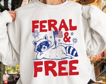 Feral & Free Raccoon Patriotic PNG, Cartoon American Flag Sublimation Digital
