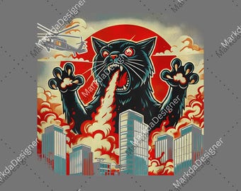 Catzilla PNG, Retro Japanese Movie Poster Digital Download, Funny Cat Sublimation, Cat Lover Gift For Men Women Digital Download
