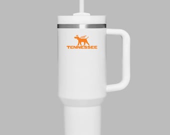 40oz Orange & White Tennessee-Inspired Tumbler with Handle – College Game Day Cup, Vols Fan Gift, Travel Mug with Straw