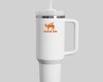 40 oz White Tumbler with Burnt Orange Longhorn Design | Custom Insulated Mug with Handle | Texas Game Day Cup | College Football Fan Gift