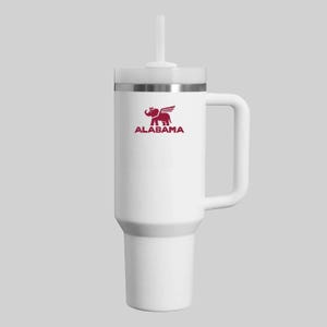 40oz Crimson & White Tumbler with Handle – Insulated Game Day Cup, Alabama Fan Gift, Travel Mug with Straw, Tailgate Drinkware