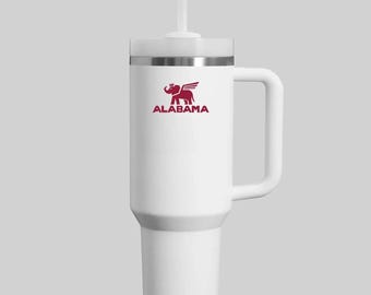 40oz Crimson & White Tumbler with Handle – Insulated Game Day Cup, Alabama Fan Gift, Travel Mug with Straw, Tailgate Drinkware