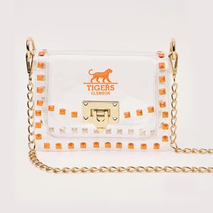 Borsa trasparente da stadio con borchie arancioni e catena dorata / Borsa a tracolla per il giorno della partita / Borsa trasparente approvata dallo stadio per calcio e concerti