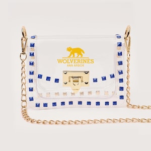 Bolso transparente para estadio con tachuelas azules y cadena dorada / Bolso bandolera para el día del partido / Bolso transparente aprobado para estadios de fútbol, portones traseros y conciertos