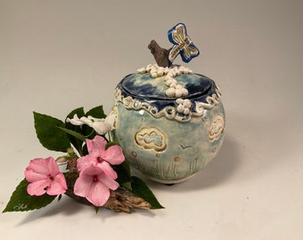 Handmade Pottery Dragonfly Lidded Jar, Kitchen Canister