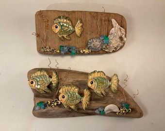 Fish art/driftwood art/lake art/handmade lake art/wildlife art/wall hanging/fish/lake fish/fish in the lake/pottery fish/fish sculpture/fish