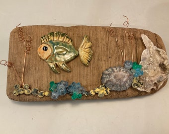 Fish art/driftwood art/lake art/handmade lake art/wildlife art/wall hanging/fish/lake fish/fish in the lake/pottery fish/fish sculpture/fish
