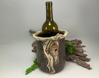 Wine chiller/pottery wine chiller/wine holder/kitchen utensil holder/pottery vase/ice bucket/found driftwood/brown pottery vase/vase