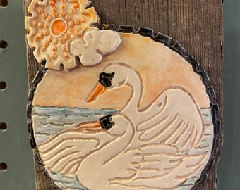 Swans/swan art/decorative tile/handmade tile/wall hanging/driftwood/wall plaque/swan gift/white swans/tundra swan/birds /bird art/water fowl