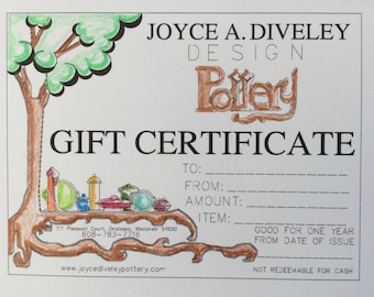 Gift certificate/pottery gift certificate/handmade pottery/one of a kind pottery/pottery mug/pottery vase/vase/cookie jar/serving tray/tray