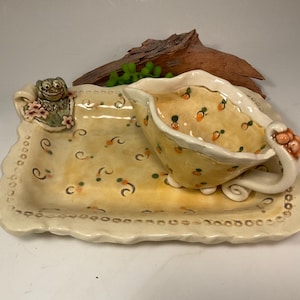 Bandeja y jarra de cerámica con forma de rana, servidor de sushi, cerámica amarilla