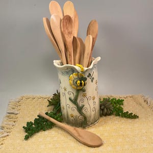 Handmade kitchen utensil holder with flower and bumble bee/kitchen utensil holder/bee art